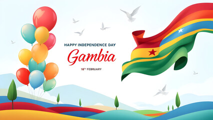 Gambia Independence Day, web banner design. Text Gambia Independence Day, 18 february and Gambian flags on white background.