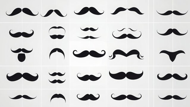 A set of various mustache styles in a flat design on a white background. Collection includes classic, curly, thick, and thin mustaches, perfect for barber themes, disguises, and hipster designs