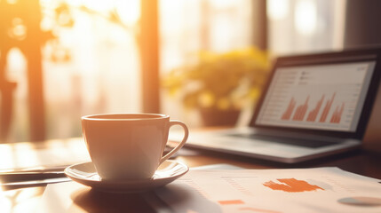 A cup of coffee and financial charts on the table in front, a close-up of a business office with a laptop computer