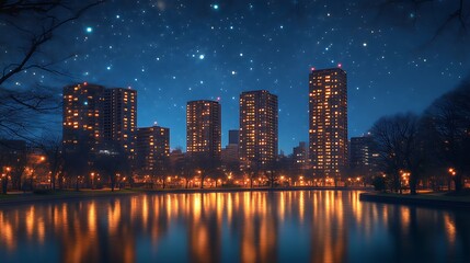 Fototapeta premium Night city skyline reflected in calm water under starry sky. (1)