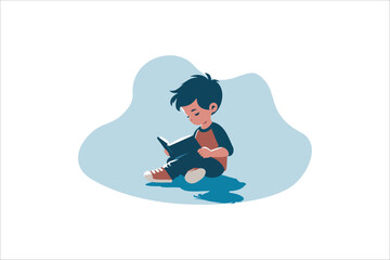 Illustration Kid Boy Study Learning Reading Book Looking for Inspiration. Vector illustration.