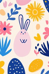 Adorable Easter Bunny Illustration with Colorful Spring Flowers and Eggs