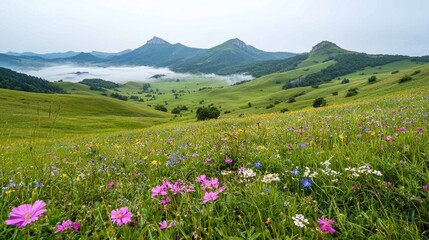 Obraz premium Mountain Meadow Blooms, Misty Valley View, Scenic Landscape Photo