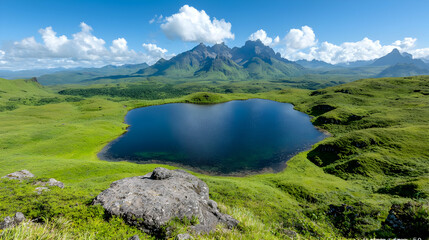 Obraz premium Mountain lake scenic view, summer landscape, peaceful background, travel photography