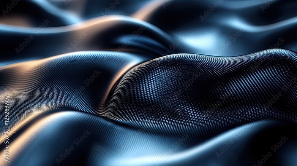 Poster waves of smooth black fabric reflecting light and shadow in a dynamic display of texture and depth
