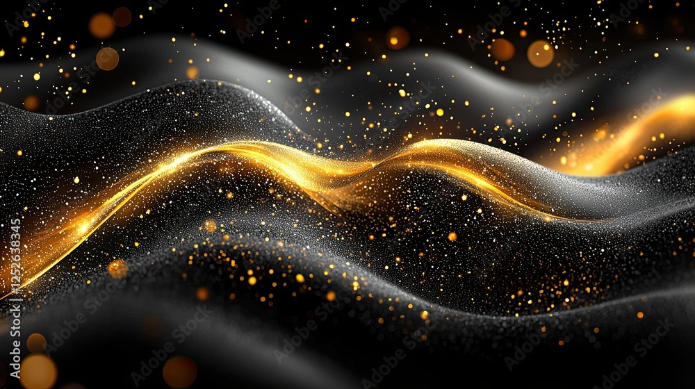 Poster swirling waves of golden light and shimmering particles create a mesmerizing visual experience in an