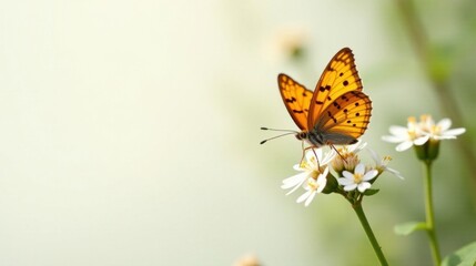 Fototapeta premium A vibrant orange butterfly delicately perched on a cluster of pristine white wildflowers, basking in the soft sunlight, creating a serene and picturesque natural scene.