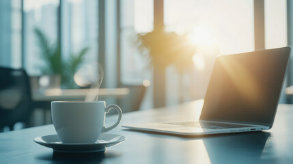 A cup of coffee on the table next to an open laptop, with sunlight streaming through large windows in the blurred background