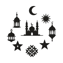 Graphic logo and mosque silhouette icon set