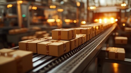 Efficient Parcel Sorting: Packages on Conveyor Belt in Modern Distribution Center