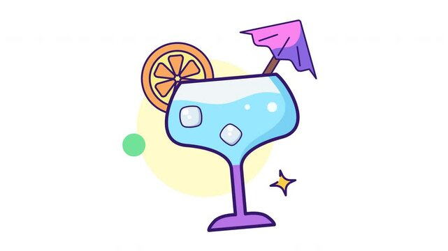 Animated mocktail juice with ice, fruit garnish, and a decorative umbrella, perfect for refreshing summer, cocktail, and beverage content in 4K resolution with alpha channel