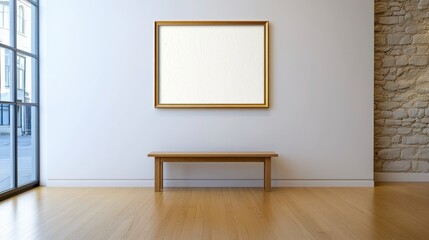 Empty Room with Wooden Bench Below a Blank Picture Frame in a Bright Minimalist Space