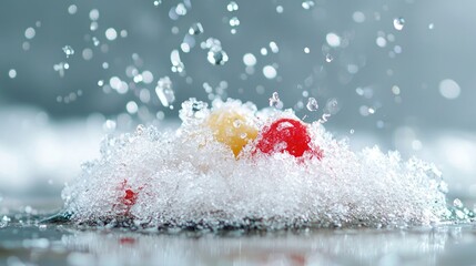 Red and yellow candies splashing in water