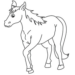Cute cartoon hand drawn vector walking horse coloring page.