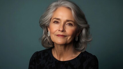 Obraz premium Elegant Mature Woman with Gray Hair and Earrings Against Teal Background