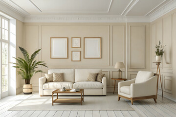 Beige Living Room Interior With Natural Light And Empty Picture Frames