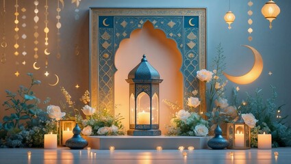 Islamic background for Ramadan, A glowing Lantern placed at Mosque with Elegant Decoration, Lighting, Flowers and Moon. Eid Celebration Banner Illustration