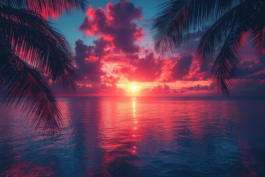 Dark palm trees silhouettes on colorful tropical ocean sunset landscape