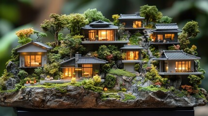 Obraz premium Miniature Forest Retreats: Cozy, Illuminated Mountain Cabins at Dusk