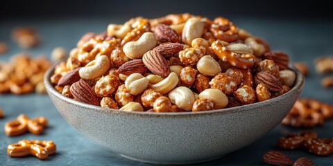 Delicious Mix of Roasted Nuts and Pretzels in a Bowl