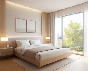 Fototapeta premium Modern Minimalist Bedroom Interior Design with Large Window