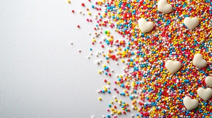 Fototapeta premium Colorful Sprinkles and White Hearts on a White Backgrounds
