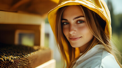 Beekeeper woman is working with bees and beehives on the apiary outdoors. Small business, home farm, healthy food. Portrait, close-up
