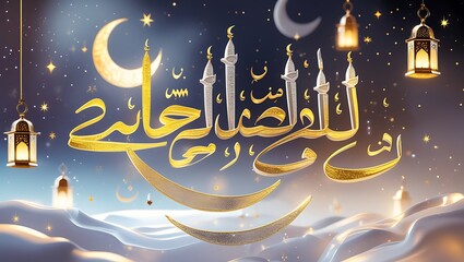 Golden Arabic calligraphy on a glowing background Ramadan Kareem Eid Mubarak Islamic festival spiritual decorative art