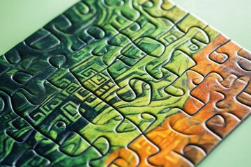 Close up view of a finished green and orange jigsaw puzzle