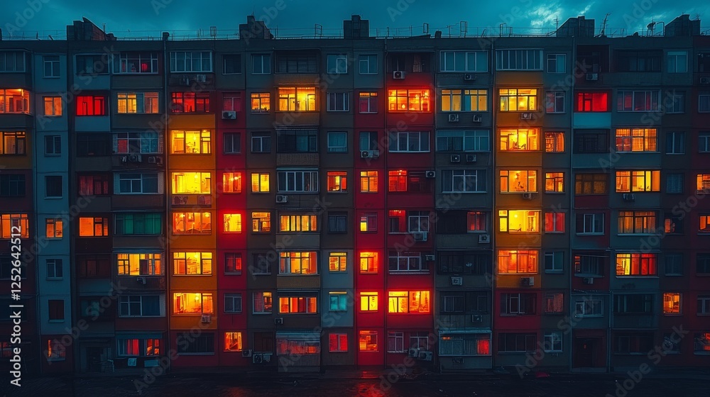 Poster apartment block at twilight: a tapestry of illuminated windows creates a vibrant urban scene against