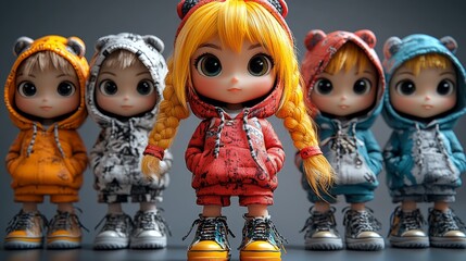 Fototapeta premium Charming Cuteness: A Row of Big-Eyed Dolls in Animal Hoodies Displaying Style and Charm in a Playful and Whimsical Array of Colors and Unique Designs.