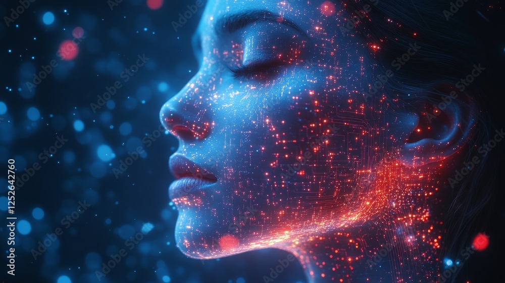 Fototapete Futuristic AI: Woman's Face Illuminated with Circuitry and Light, Representing Advanced Technology and the Convergence of Humanity and Artificial Intelligence.