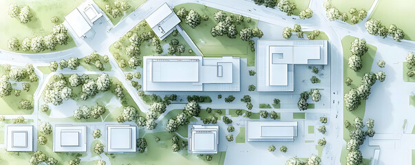 Aerial view campus buildings, green spaces