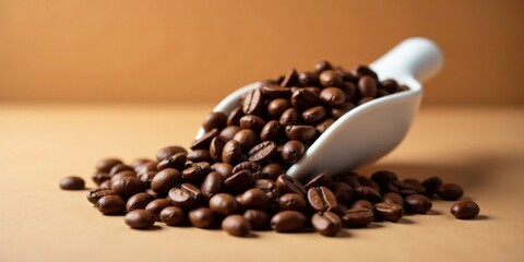 Obraz premium Aromatic Roasted Coffee Beans Cascading from a White Scoop onto a Neutral Surface