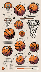 Hand-drawn illustration of basketball equipment and balls; the simple design conveys the energetic nature of the sport.