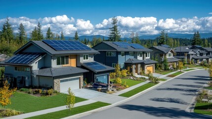 Solar-powered homes in a residential neighborhood.