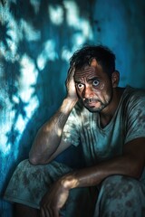 Stressed Man in Dim Light: Overwhelmed Expression and Shadowy Ambiance