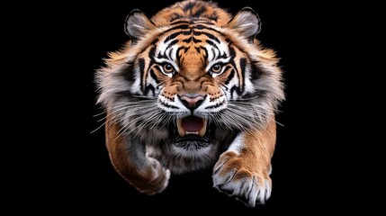 Fototapeta premium Majestic tiger leaping, dark background, wildlife photography, print