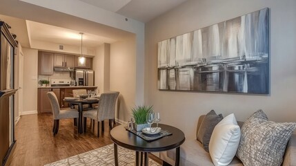 Fototapeta premium A well-decorated small condo with neutral tones, including a cozy nook with a small dining table, a stylish couch, and tasteful artwork, creating a relaxing urban retreat.