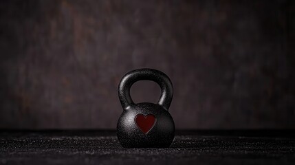 Dark Gray Kettlebell With Red Heart On Dark BackgroundWith Red Heart On Dark Background and