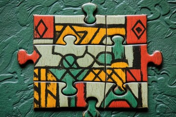 Fototapeta premium Four puzzle pieces assembled show colorful abstract geometric pattern