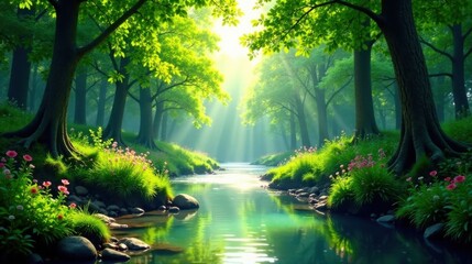 Obraz premium Serene Stream Flows Through Sun-Dappled Forest, Lush Green Foliage and Vibrant Flowers Adorn the Banks, Creating a Peaceful and Tranquil Atmosphere