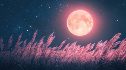 Fototapeta premium Full moon and Japanese pampas grass in midnight,The harvest Miscanthus sinensis and full moon,beautiful night sky in the countryside with the perfect moon exudes beauty in the dark.
