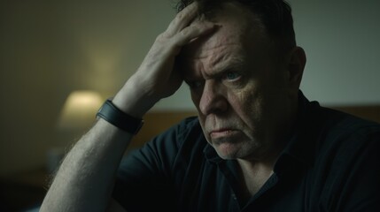 Middle-aged man sitting alone in a quiet room, holding his head with one hand, looking stressed and concerned. Emotional state of solitude and introspection.