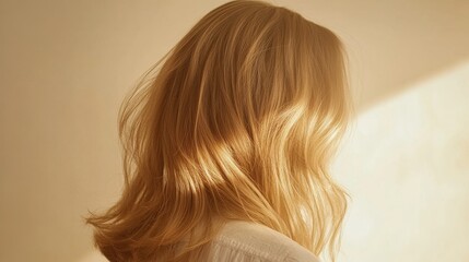 Naklejka premium Beautiful model girl with Blond hair strand,silky healthy wavy hair strand,hair wavy ribbon, with smooth,Keratin straightening,Treatment,straight long hair,procedures,Smooth hairstyle.