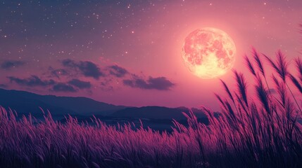 Full moon and Japanese pampas grass in midnight,The harvest Miscanthus sinensis and full moon,beautiful night sky in the countryside with the perfect moon exudes beauty in the dark.