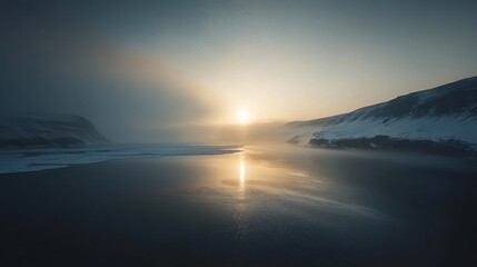 Obraz premium Arctic sunrise, misty fjord, snowy mountains, calm water, travel poster