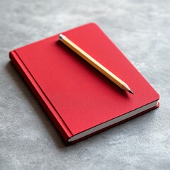 Red notebook, pencil, grey desk, planning (1)