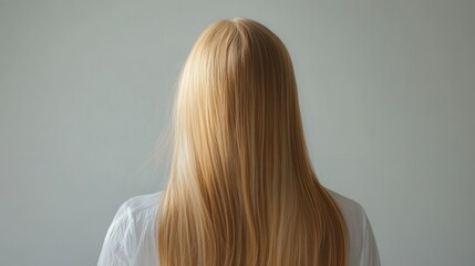 Naklejka premium Beautiful model girl with Blond hair strand,silky healthy wavy hair strand,hair wavy ribbon, with smooth,Keratin straightening,Treatment,straight long hair,procedures,Smooth hairstyle.