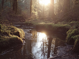 Sunlit Forest Stream with Mossy Banks and Tranquil Flowing Water
